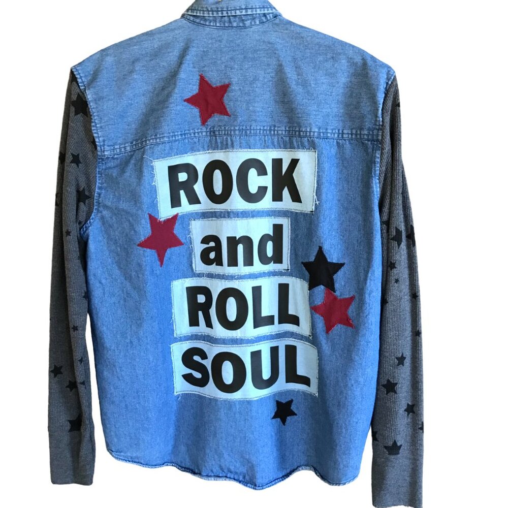 Upcycled Denim Jacket Rock and Roll Patches & Stars, Concert Shirt Sz Medium
